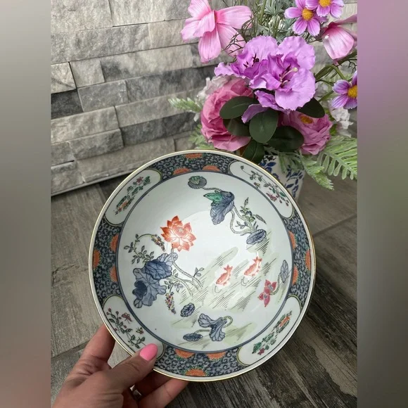 1960s Vintage Chinoiserie Hand Painted Lotus Bowl with Koi Fish Decorative Bowl